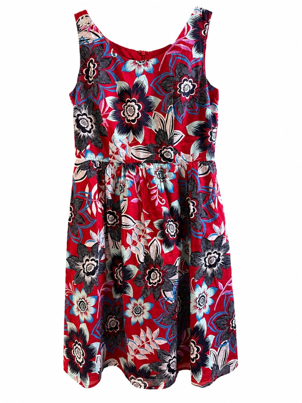 Talbots Red Floral Tank Dress with Blue & White Accents Size 4